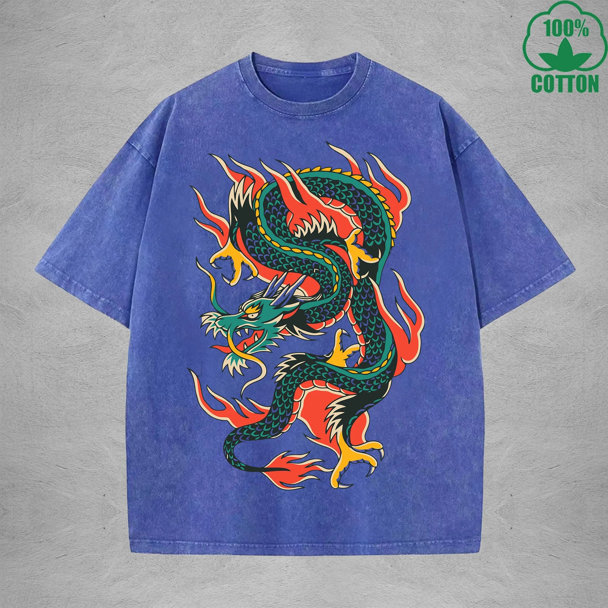 BOGGO  Eastern DragonInterest Printed Washed T-Shirt 230G Multicolor Loose Trendy Fashionable 100%Cotton Short Sleeve Top