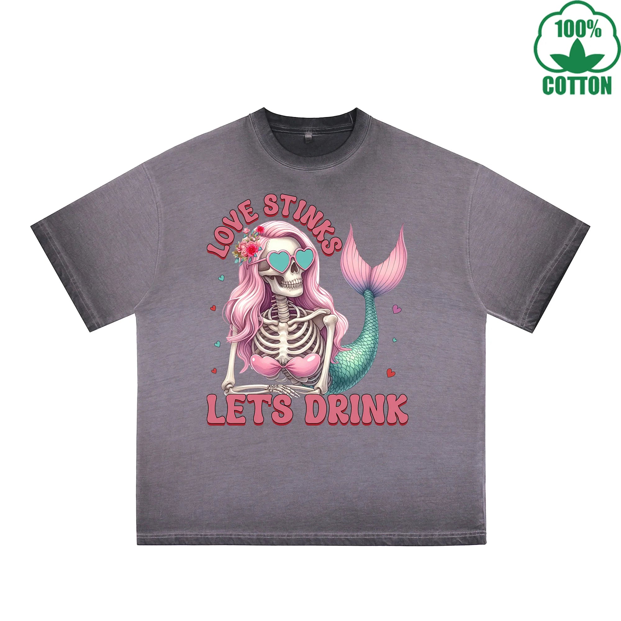 BOGGO  Anti Valentine Club Printed Dirty Wash T-Shirt 230G Multicolor Loose Trendy Fashionable 100%Cotton Short Sleeve Top