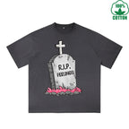 BOGGO  RIP Feelings Printed Dirty Wash T-Shirt 230G Multicolor Loose Trendy Fashionable 100%Cotton Short Sleeve Top