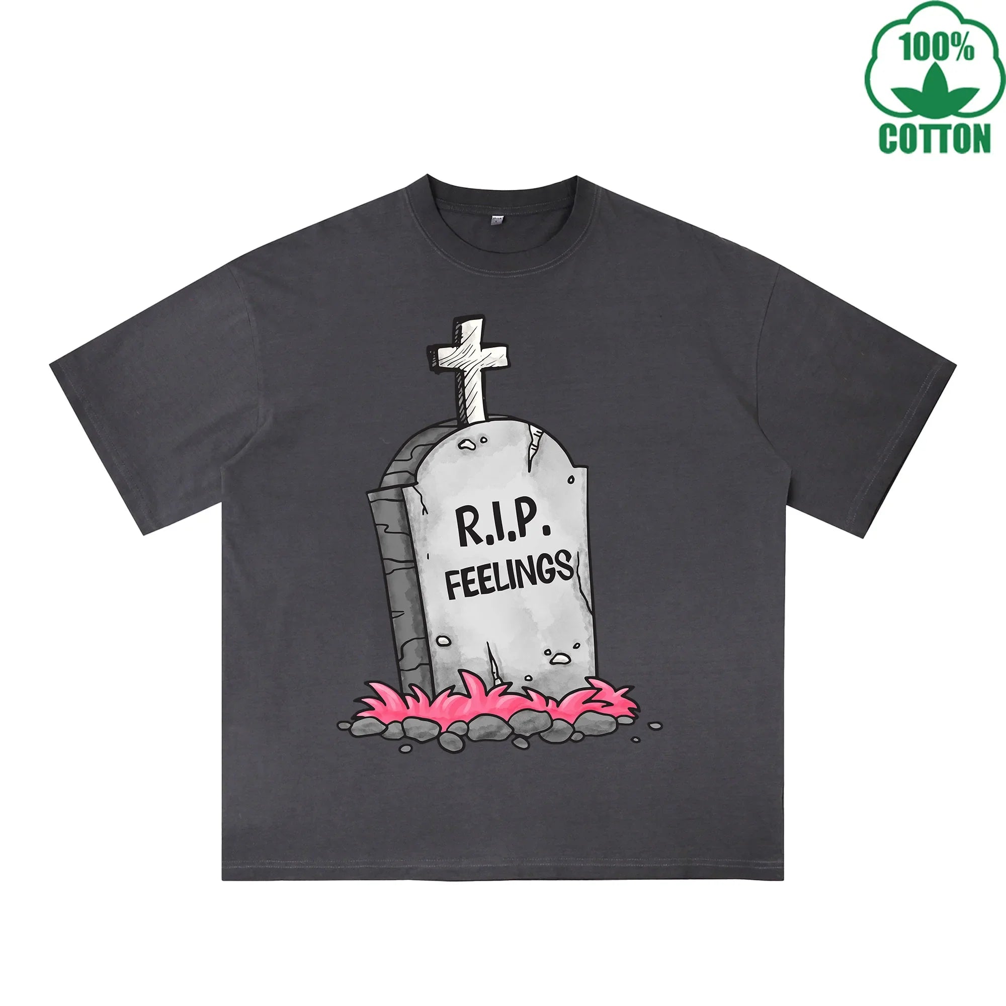 BOGGO  RIP Feelings Printed Dirty Wash T-Shirt 230G Multicolor Loose Trendy Fashionable 100%Cotton Short Sleeve Top