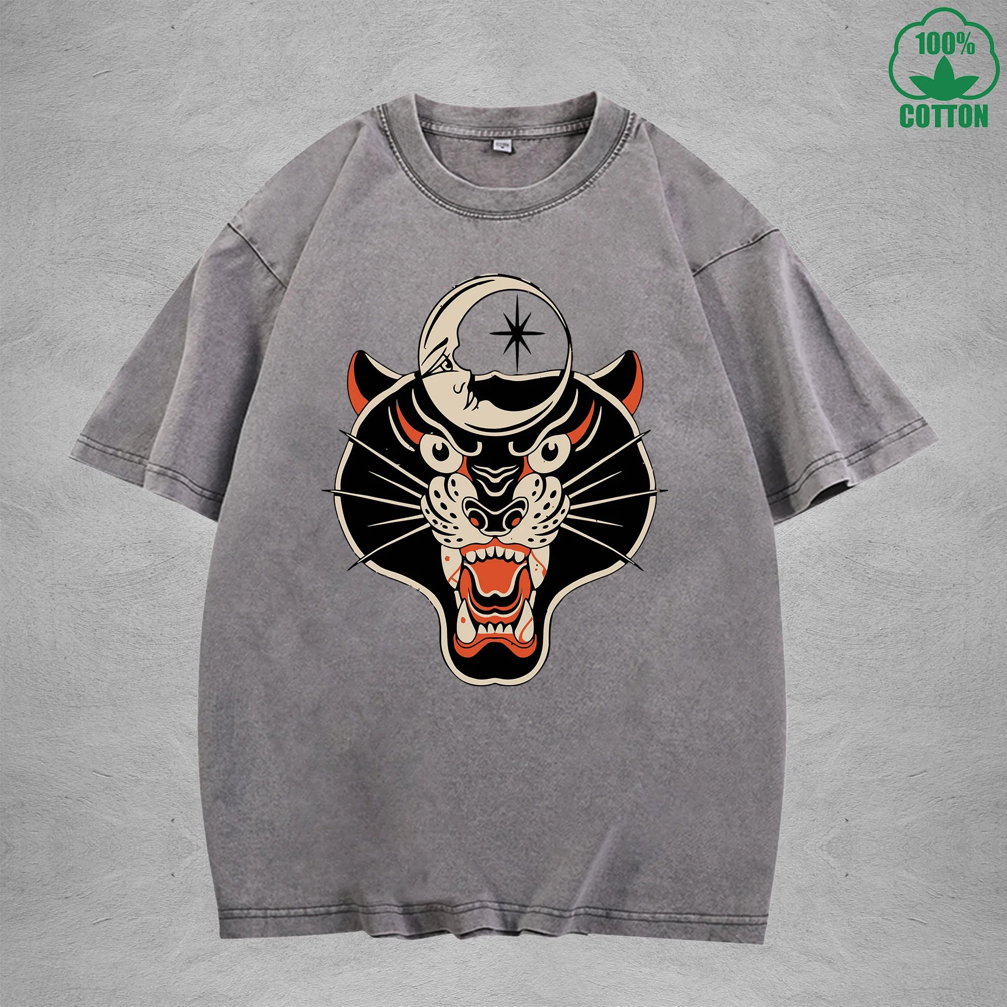BOGGO  Black PantherInterest Printed Washed T-Shirt 230G Multicolor Loose Trendy Fashionable 100%Cotton Short Sleeve Top