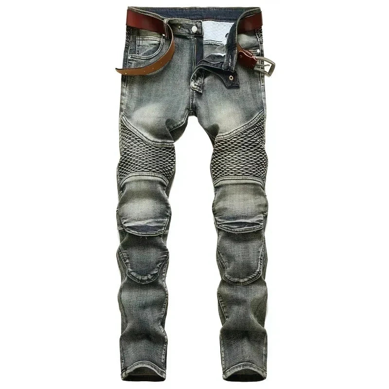 BOGGO Men's New Casual Motorcycle Jeans Hip Hop Street Riding Stretch Slim Fit Straight Pants Patchwork Fashion Denim Trousers Male