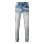 BOGGO Streetwear Men Jeans Fashion Trend American High Street Retro wash Low Rise Elastic Skinny Pleated Ripped Denim Pants