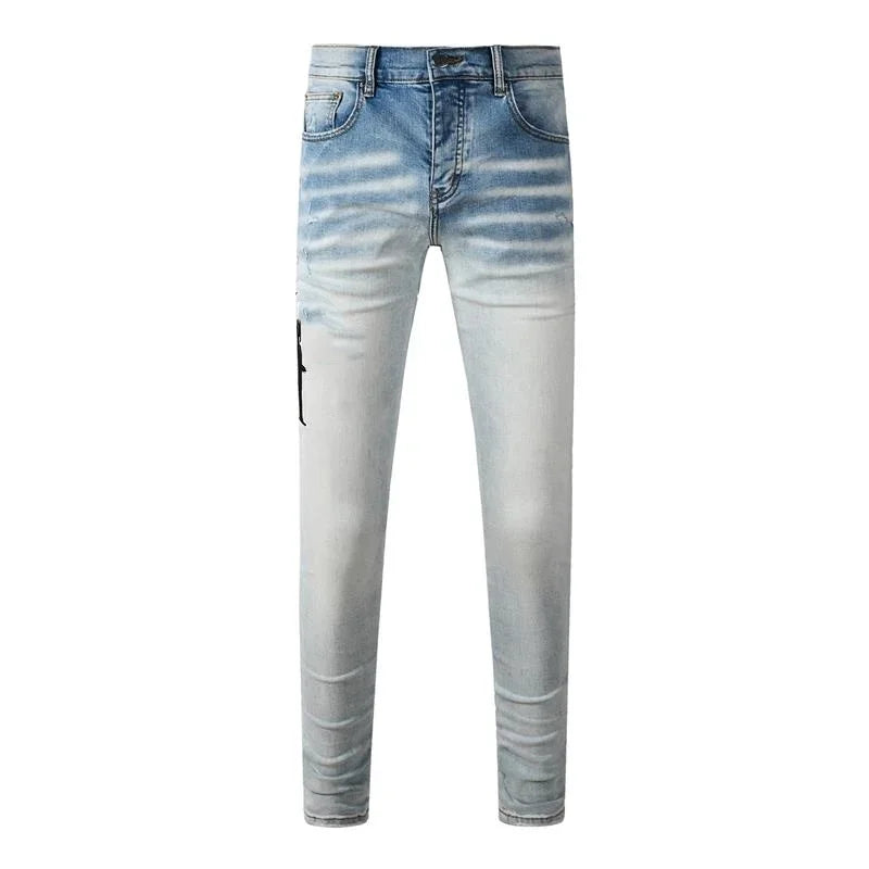 BOGGO Streetwear Men Jeans Fashion Trend American High Street Retro wash Low Rise Elastic Skinny Pleated Ripped Denim Pants