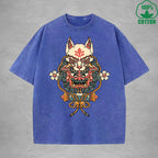 BOGGO  Demon MaskInterest Printed Washed T-Shirt 230G Multicolor Loose Trendy Fashionable 100%Cotton Short Sleeve Top