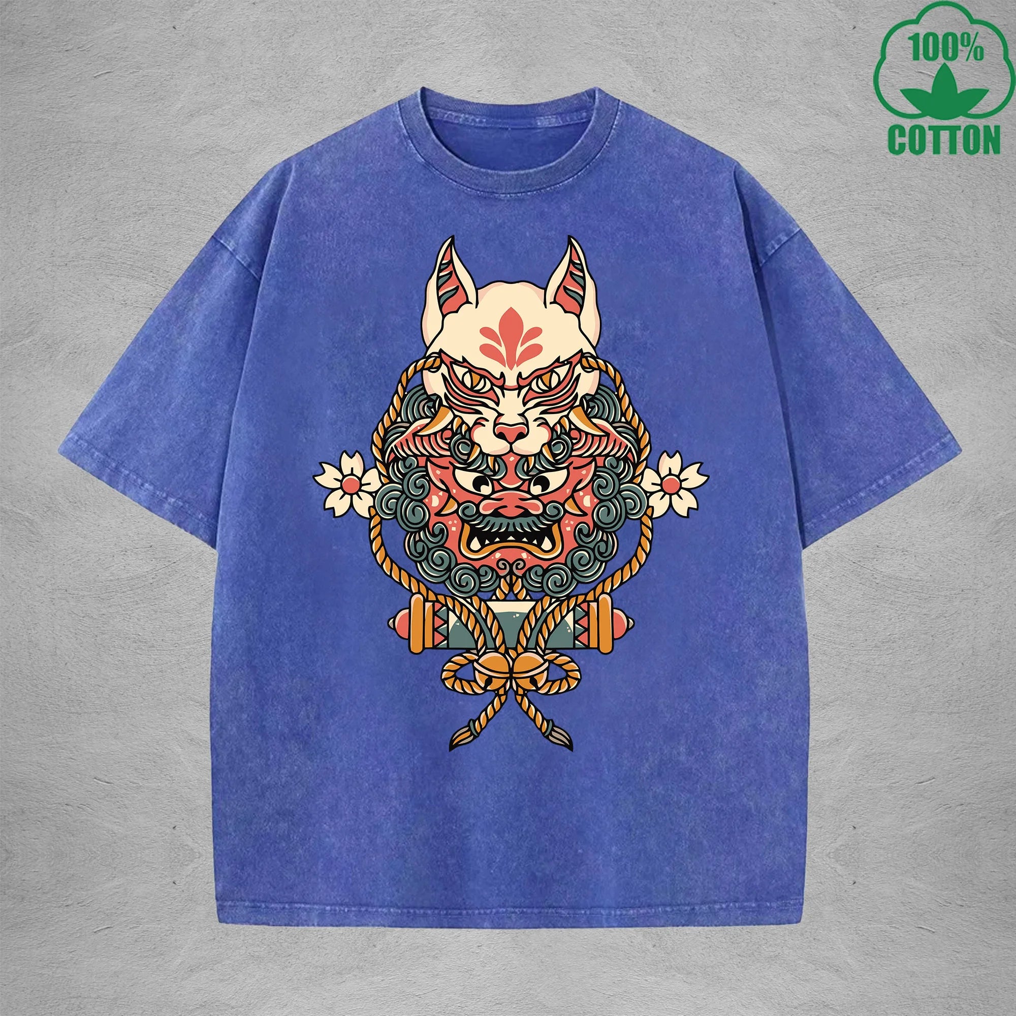 BOGGO  Demon MaskInterest Printed Washed T-Shirt 230G Multicolor Loose Trendy Fashionable 100%Cotton Short Sleeve Top