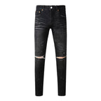 BOGGO High Street Men's Jeans American Distressed Dark Black Coated Blank Stretch Skinny Button Fly Ripped Pants Trousers