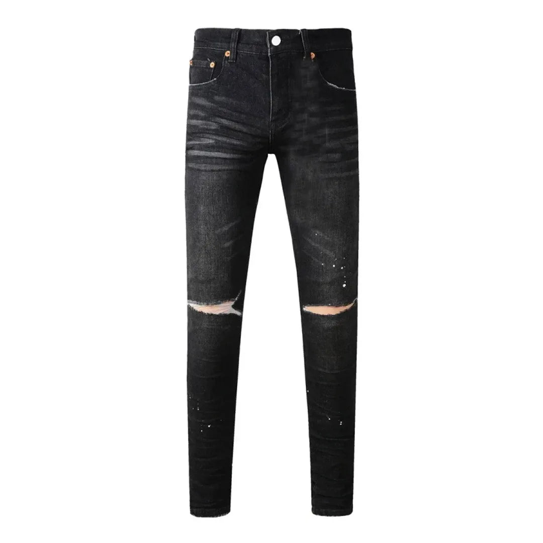 BOGGO High Street Men's Jeans American Distressed Dark Black Coated Blank Stretch Skinny Button Fly Ripped Pants Trousers