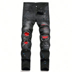 BOGGO Men y2k Stretchy Skinny Denim Jeans For Men Casual pants Ripped Patchwork Hole Slim Fit Denim Hip Hop Black Straight Trousers