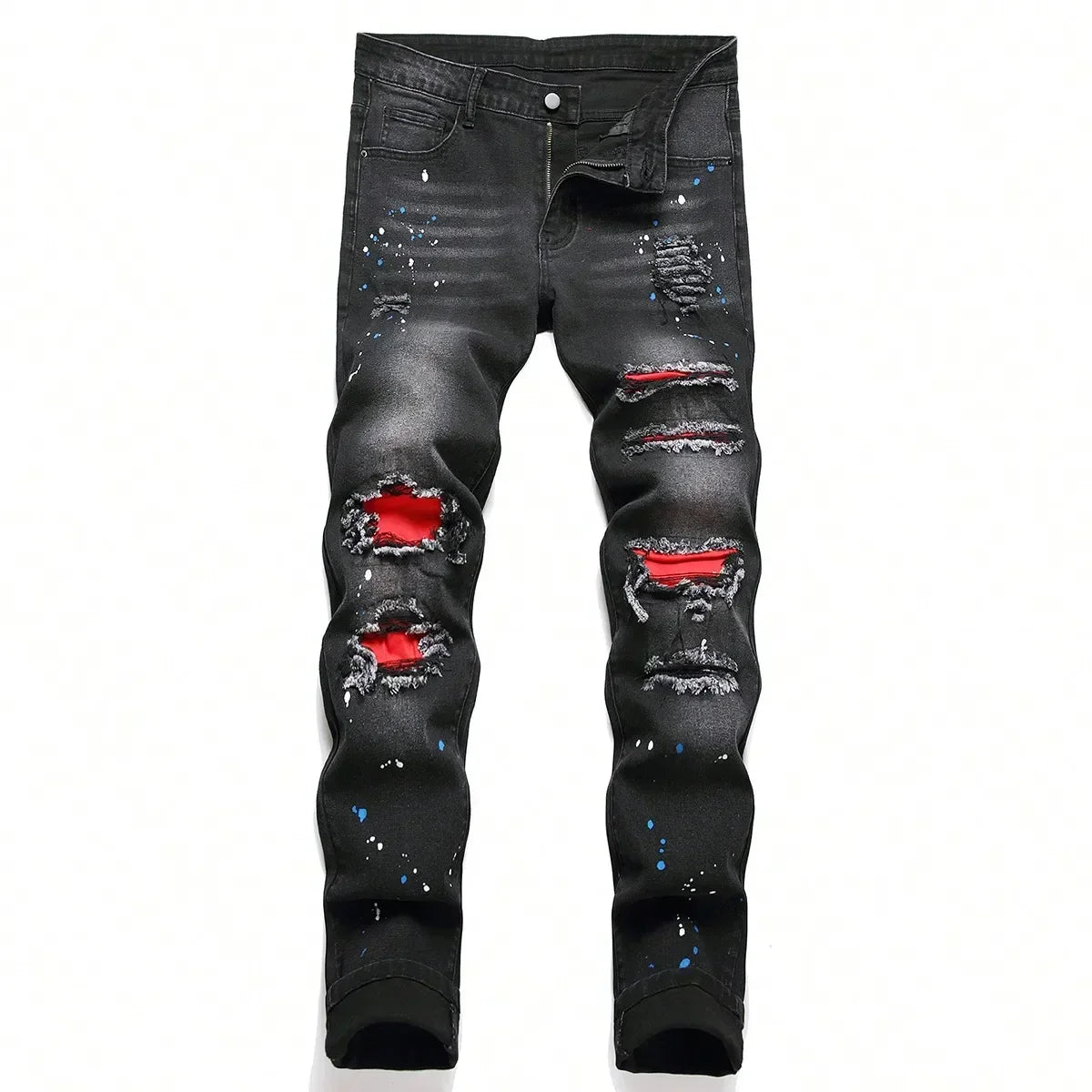 BOGGO Men y2k Stretchy Skinny Denim Jeans For Men Casual pants Ripped Patchwork Hole Slim Fit Denim Hip Hop Black Straight Trousers