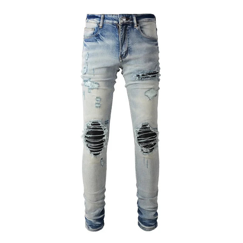 BOGGO Men Leather Pleated Patches Biker Jeans Streetwear Skinny Tapered High Stretch Denim Pants Holes Ripped Distressed Trousers