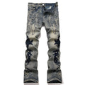 BOGGO Men's Pearl Boot Cut Denim Jeans Embroidery Patch Slim Flared Pants Casual Streetwear Vintage Blue Trousers