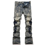 BOGGO Men's Pearl Boot Cut Denim Jeans Embroidery Patch Slim Flared Pants Casual Streetwear Vintage Blue Trousers