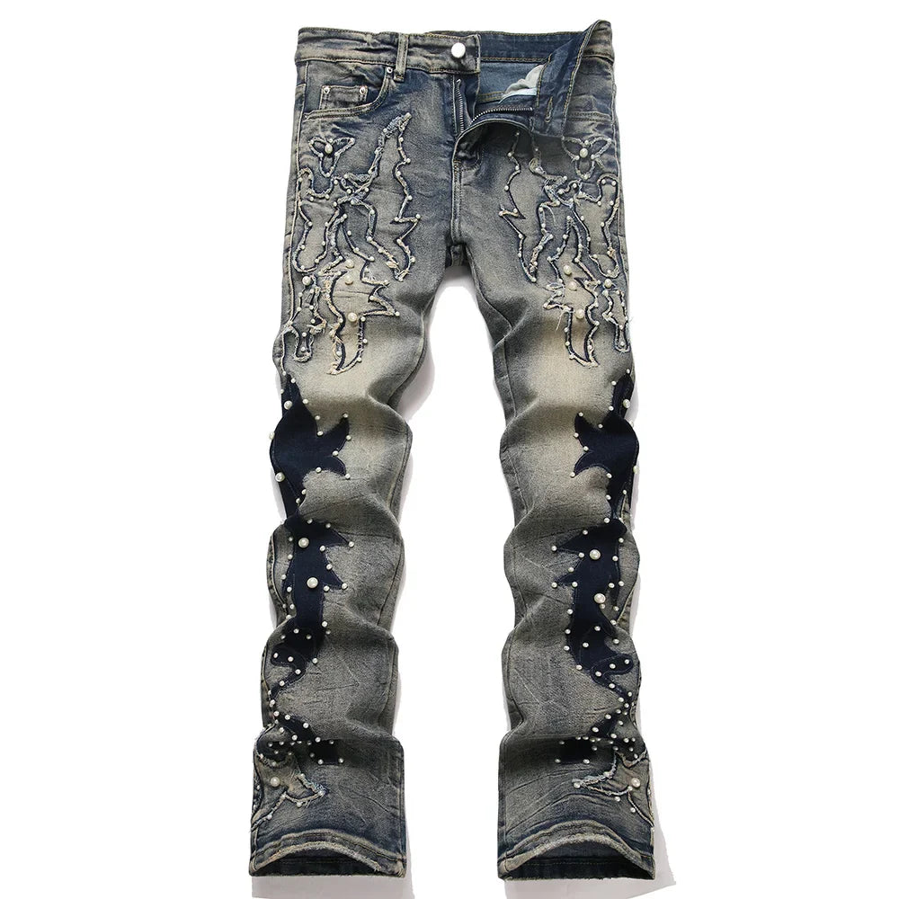BOGGO Men's Pearl Boot Cut Denim Jeans Embroidery Patch Slim Flared Pants Casual Streetwear Vintage Blue Trousers