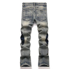 BOGGO Men's Pearl Boot Cut Denim Jeans Embroidery Patch Slim Flared Pants Casual Streetwear Vintage Blue Trousers