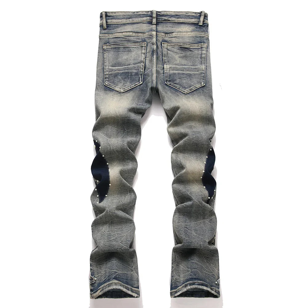 BOGGO Men's Pearl Boot Cut Denim Jeans Embroidery Patch Slim Flared Pants Casual Streetwear Vintage Blue Trousers