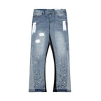 American retro washed letter spliced denim trousers high street trendy brand couple loose straight micro-flared long trousers