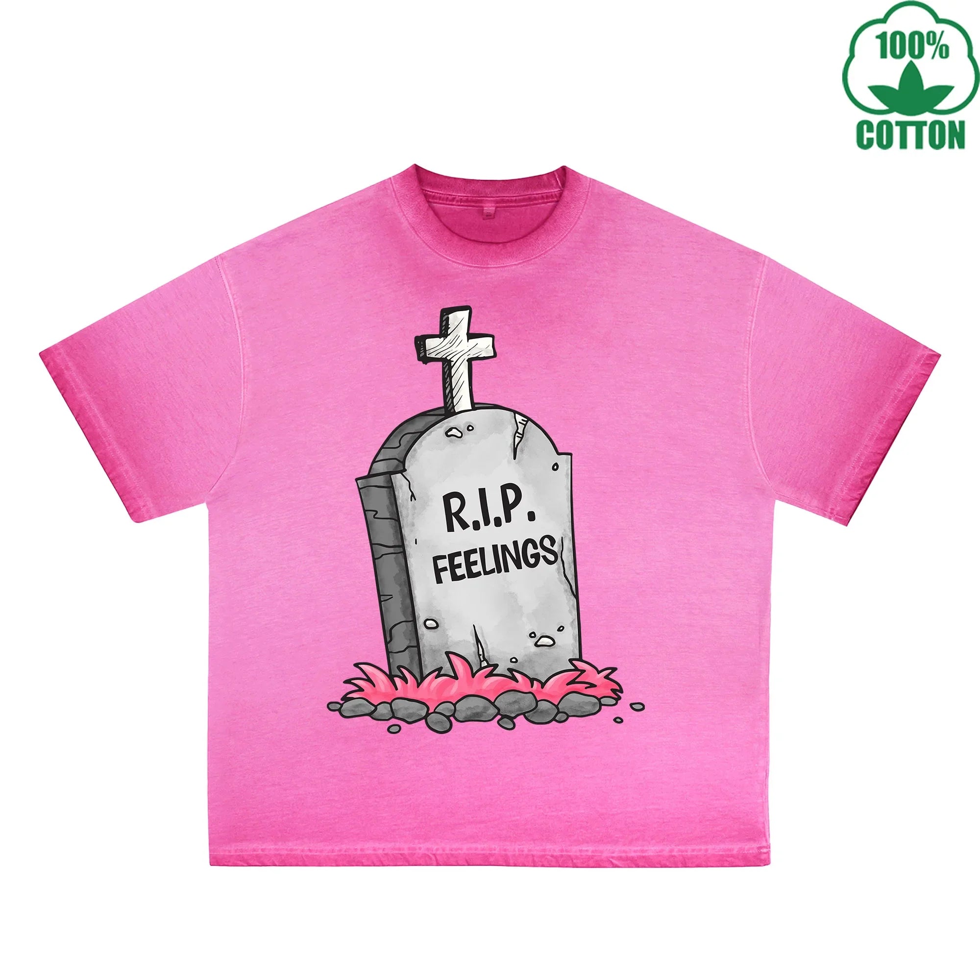 BOGGO  RIP Feelings Printed Dirty Wash T-Shirt 230G Multicolor Loose Trendy Fashionable 100%Cotton Short Sleeve Top