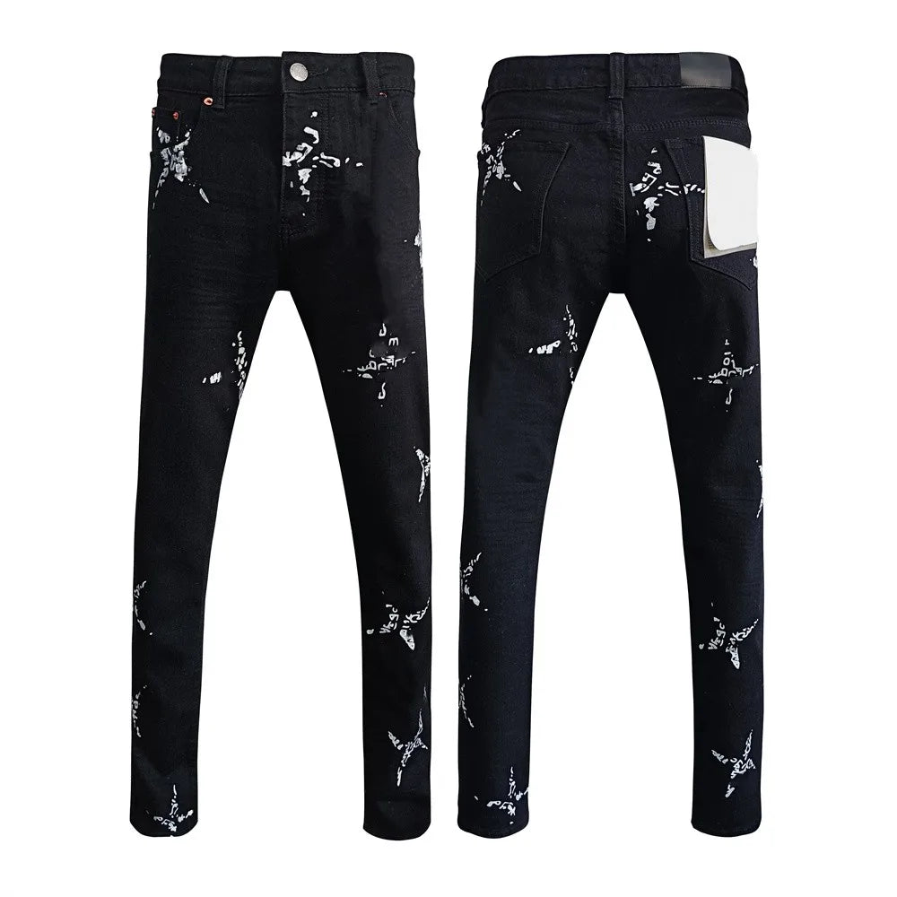 BOGGO Men Jeans Fashion Americans High street Retro wash black Splashing ink graffiti print Low Rise Elastic Skinny Jeans Brand pants