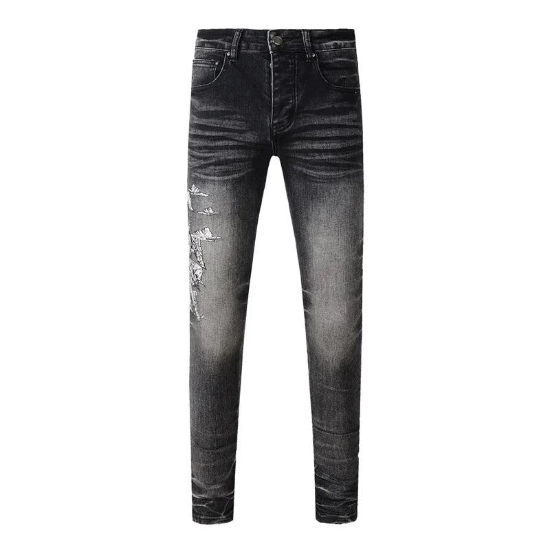 BOGGO Streetwear Men Jeans Fashion Trend American High Street Retro wash Low Rise Elastic Skinny Pleated Ripped Denim Pants
