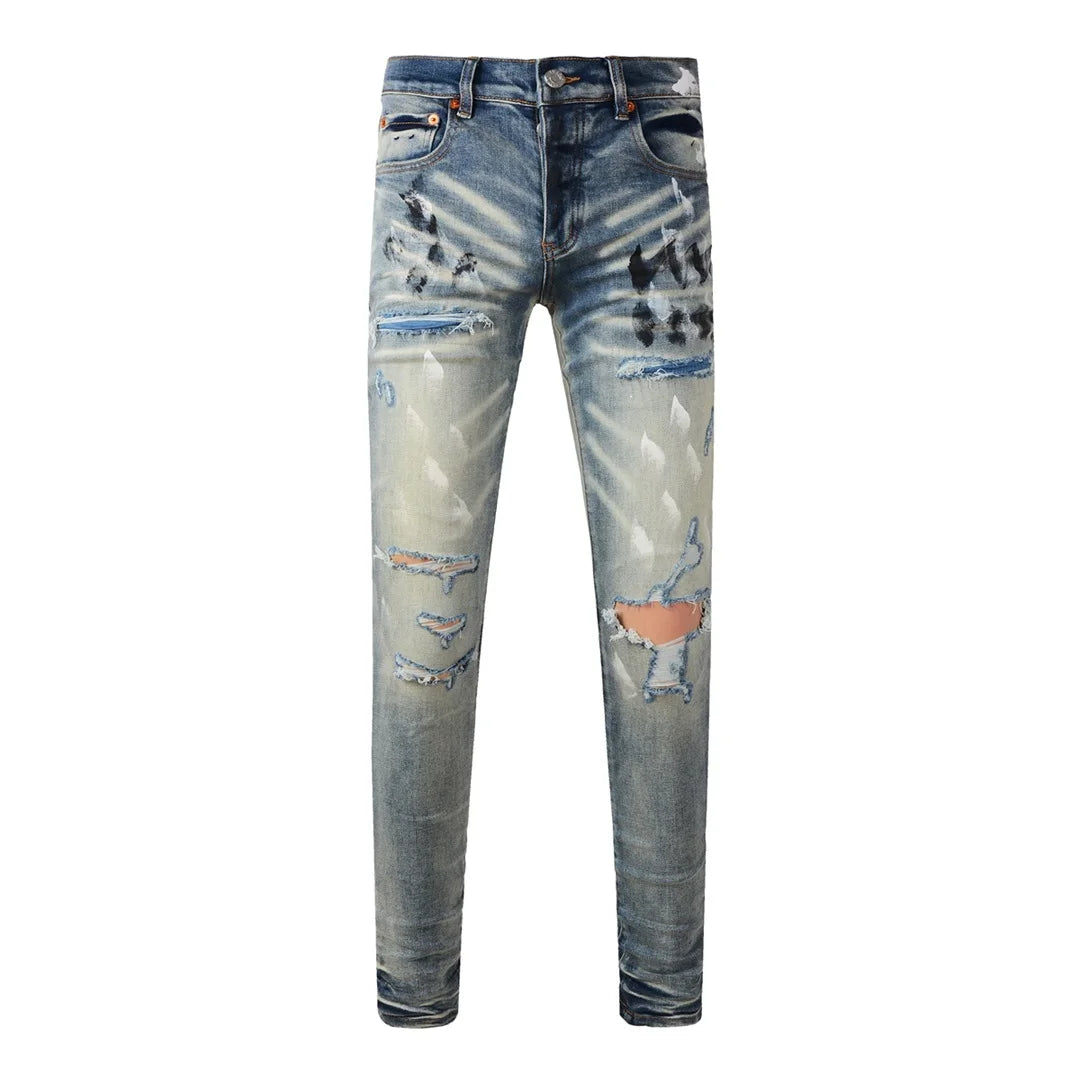 BOGGO High Street Men's Jeans American Distressed Dark Black Coated Blank Stretch Skinny Button Fly Ripped Pants Trousers