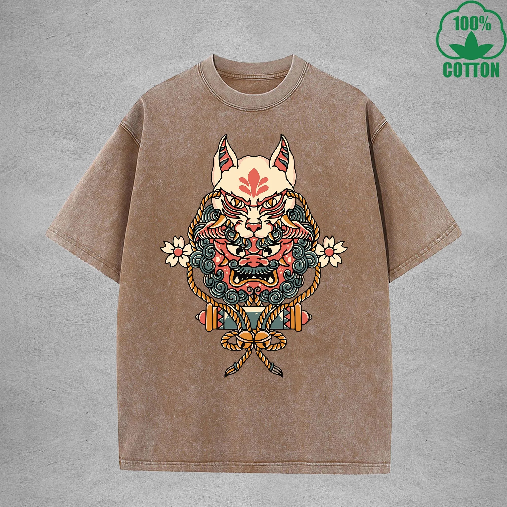 BOGGO  Demon MaskInterest Printed Washed T-Shirt 230G Multicolor Loose Trendy Fashionable 100%Cotton Short Sleeve Top