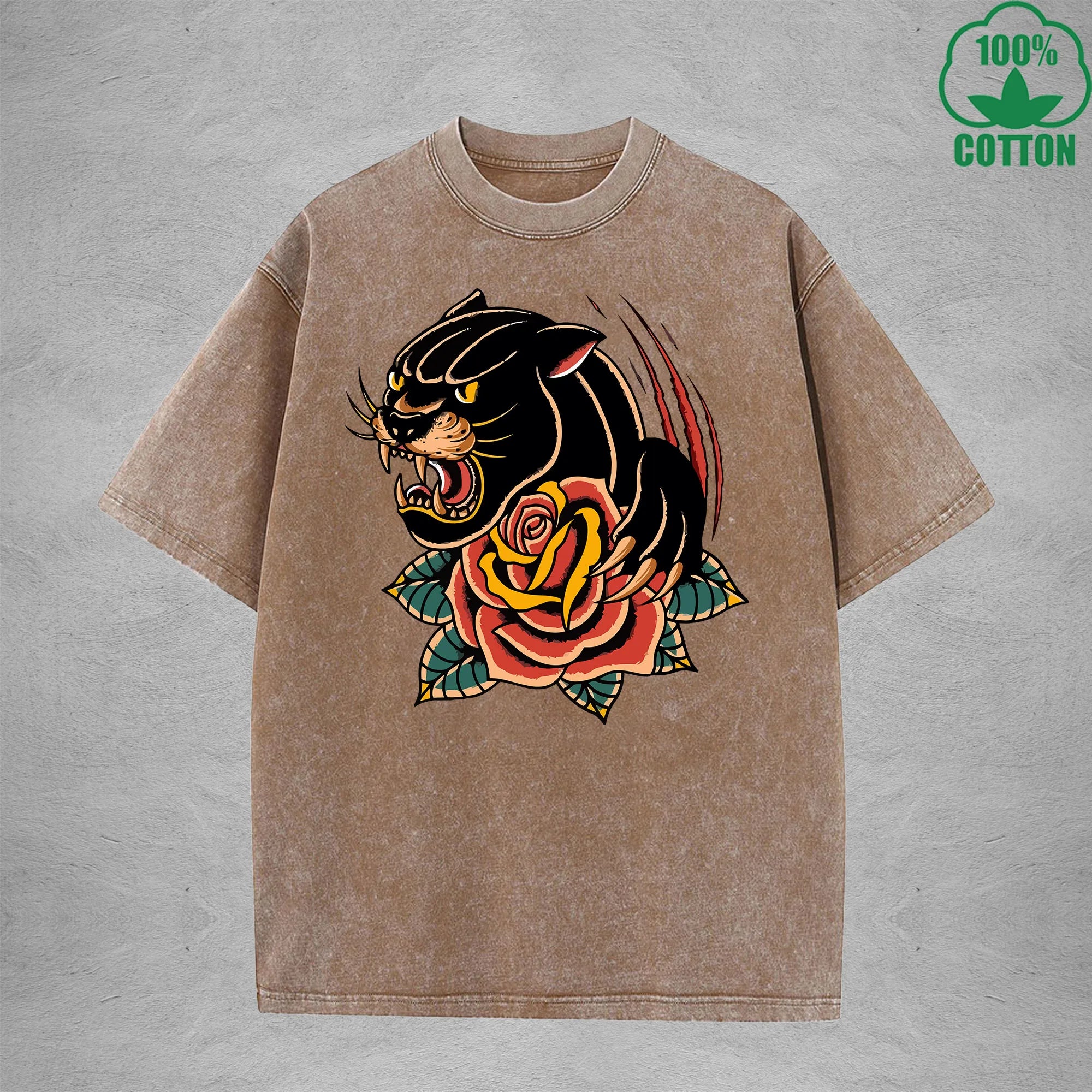 BOGGO  Black PantherInterest Printed Washed T-Shirt 230G Multicolor Loose Trendy Fashionable 100%Cotton Short Sleeve Top