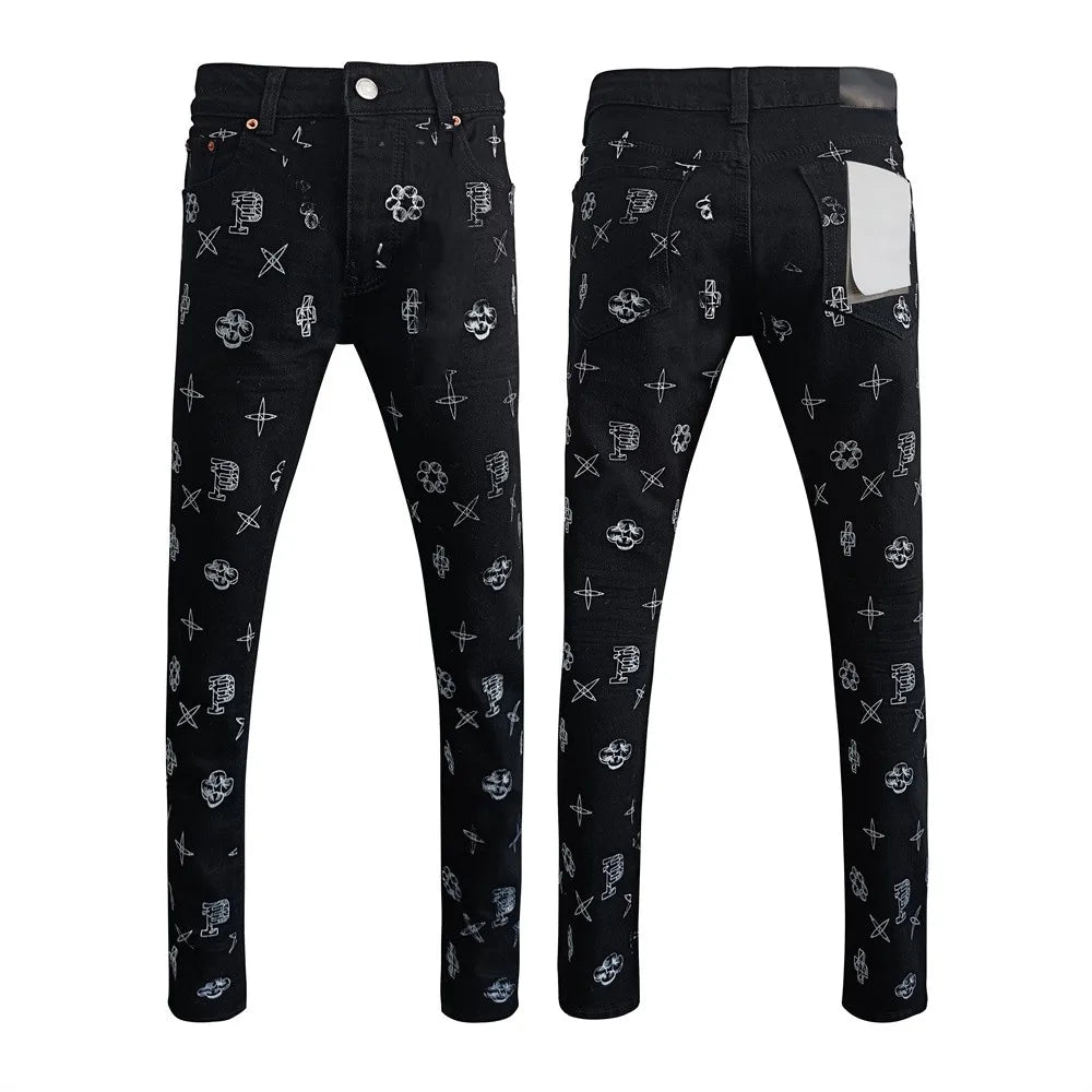 BOGGO Men Jeans Fashion Americans High street Retro wash black Splashing ink graffiti print Low Rise Elastic Skinny Jeans Brand pants
