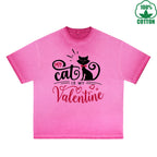 BOGGO  My Cat is My Valentine Printed Dirty Wash T-Shirt 230G Multicolor Loose Trendy Fashionable 100%Cotton Short Sleeve Top