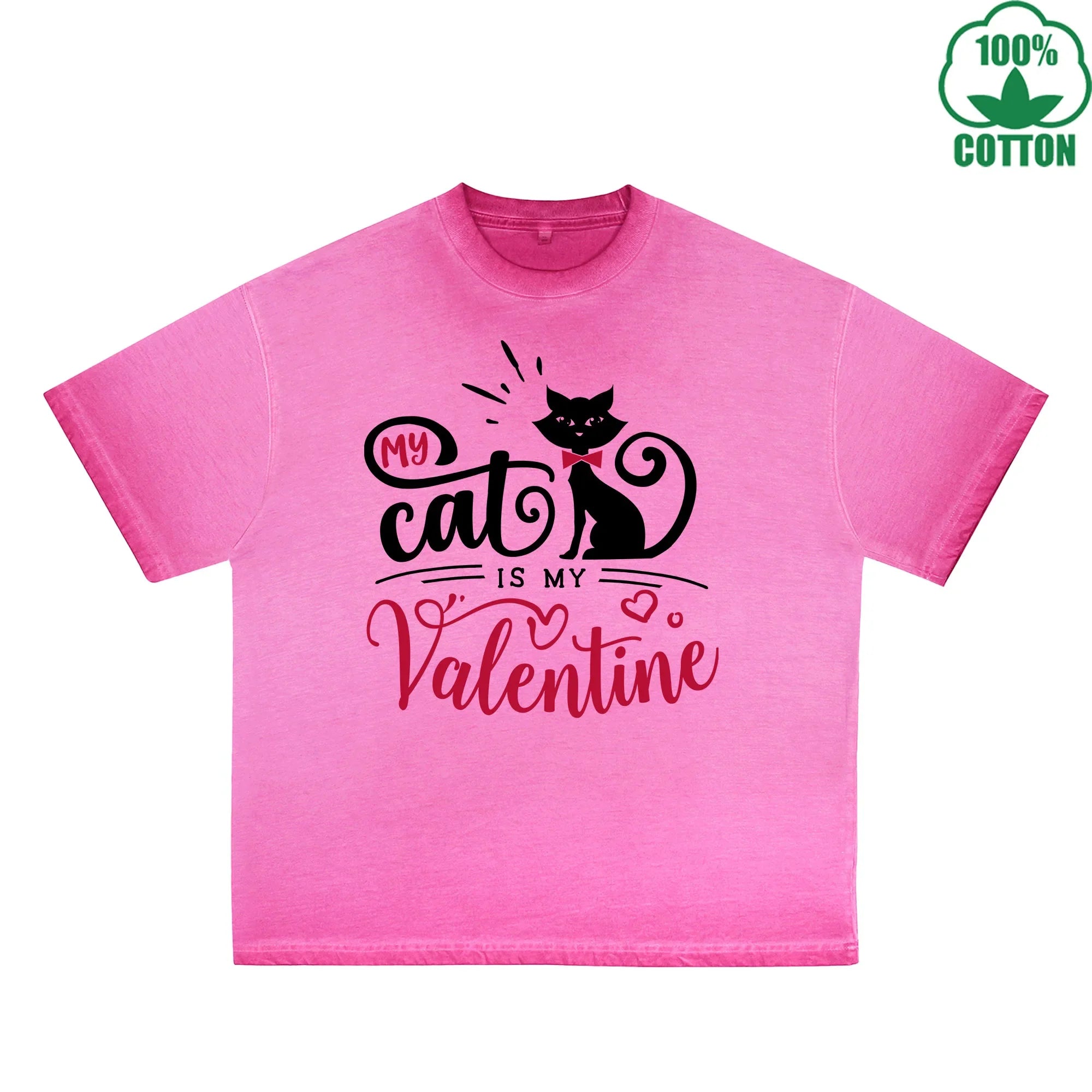 BOGGO  My Cat is My Valentine Printed Dirty Wash T-Shirt 230G Multicolor Loose Trendy Fashionable 100%Cotton Short Sleeve Top
