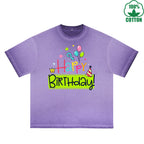 BOGGO  Happy Birthday Printed Dirty WashT-Shirt 230G Multicolor Loose Trendy Fashionable 100%Cotton Short Sleeve Top