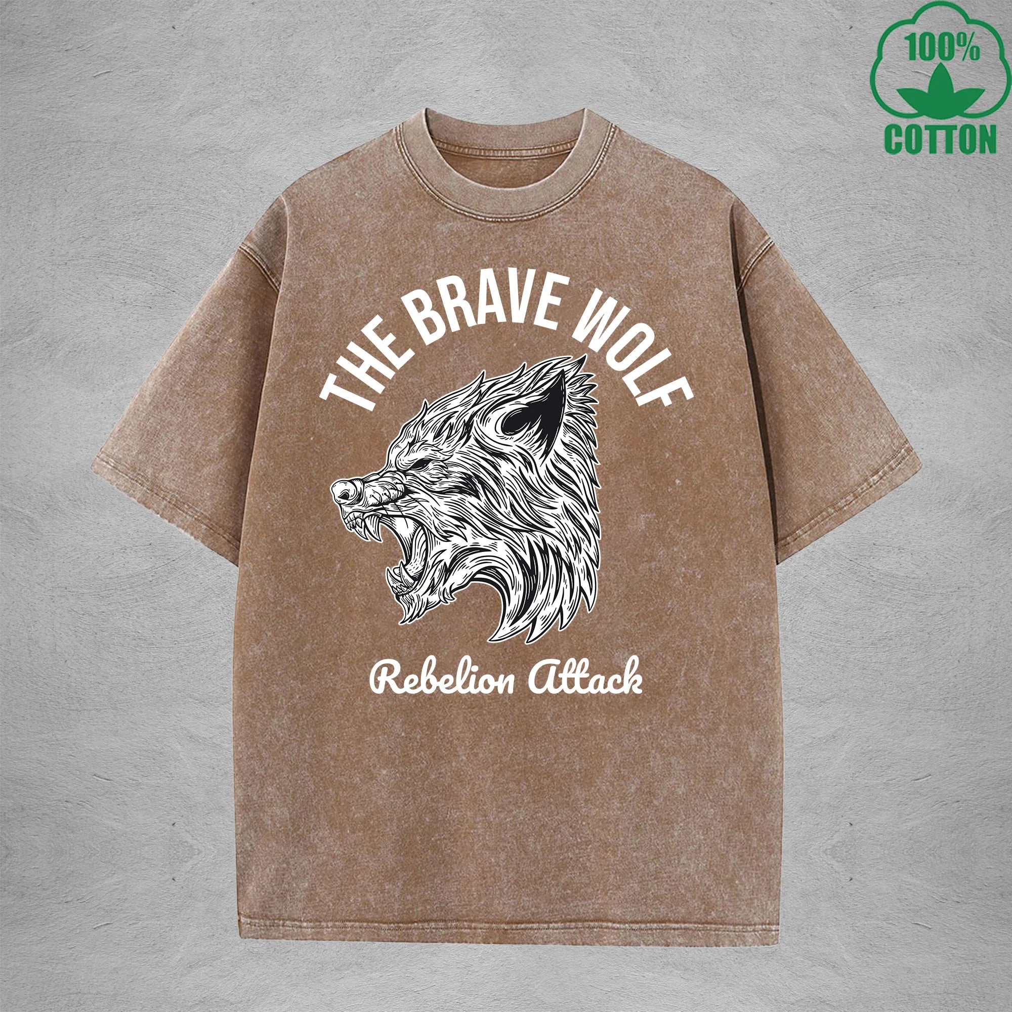 BOGGO  The Brave WolfInterest Printed Washed T-Shirt 230G Multicolor Loose Trendy Fashionable 100%Cotton Short Sleeve Top