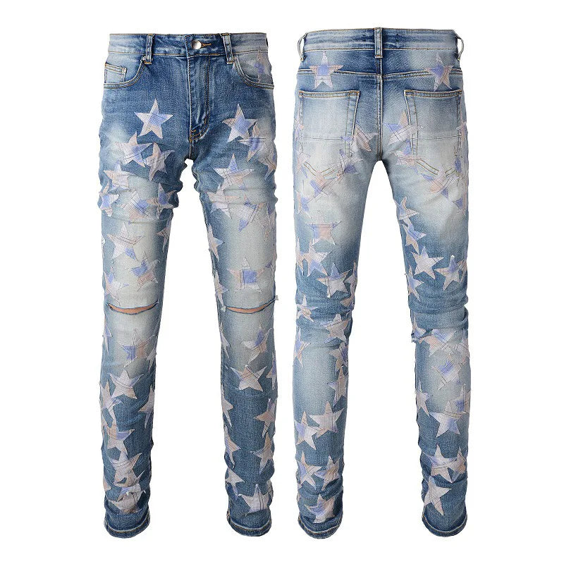 BOGGO Men Jean Denim Pencil Pants Stretch Jeans Ankle Length Trousers Washed High Street Mid Waist Pockets Slim Print Spring 2026