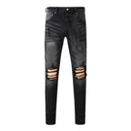 BOGGO High Street Men's Jeans American Distressed Dark Black Coated Blank Stretch Skinny Button Fly Ripped Pants Trousers