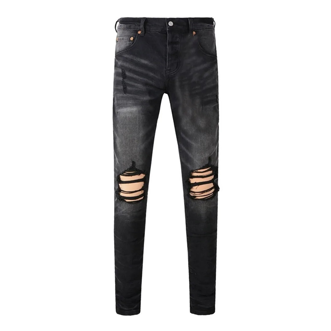 BOGGO High Street Men's Jeans American Distressed Dark Black Coated Blank Stretch Skinny Button Fly Ripped Pants Trousers