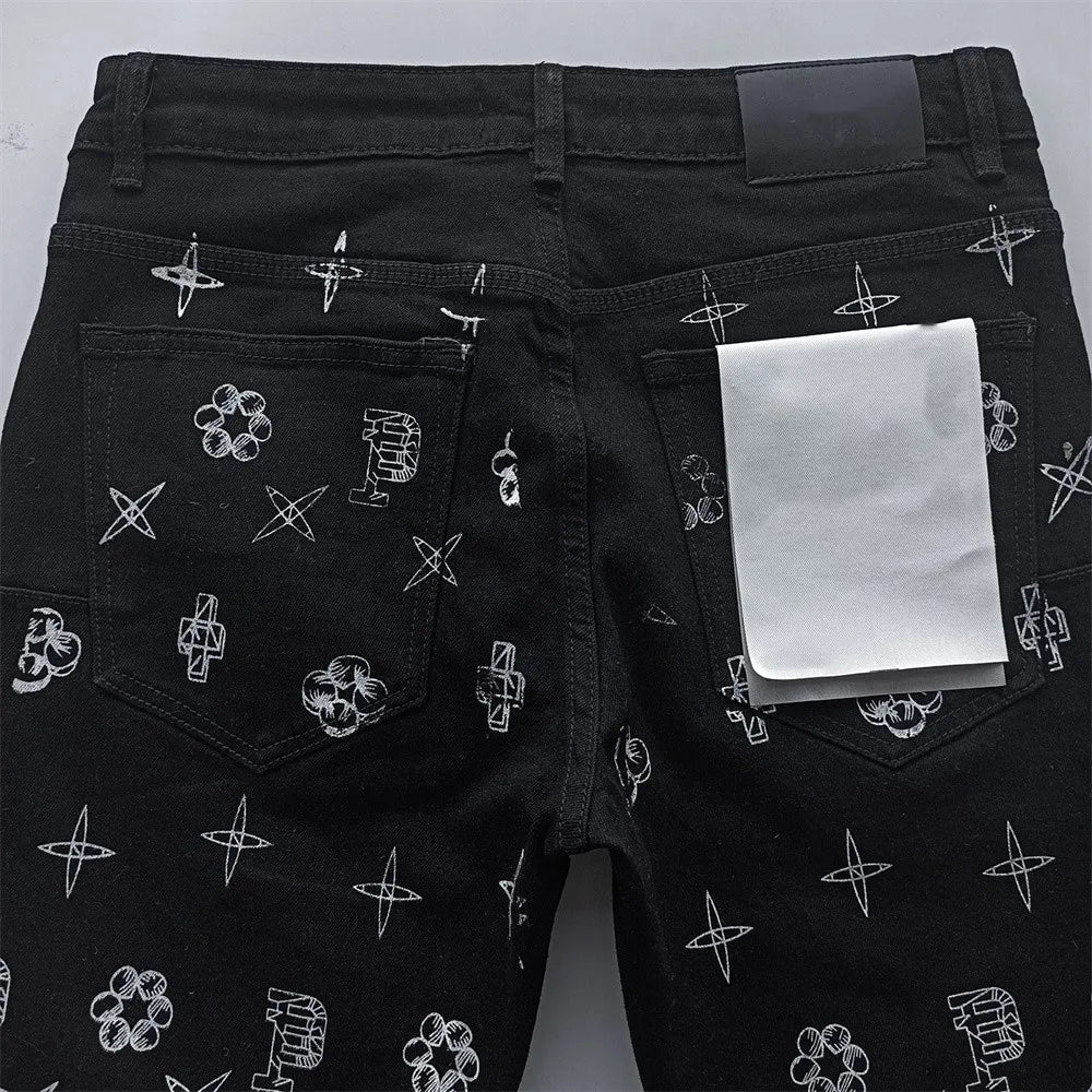 BOGGO Men Jeans Fashion Americans High street Retro wash black Splashing ink graffiti print Low Rise Elastic Skinny Jeans Brand pants
