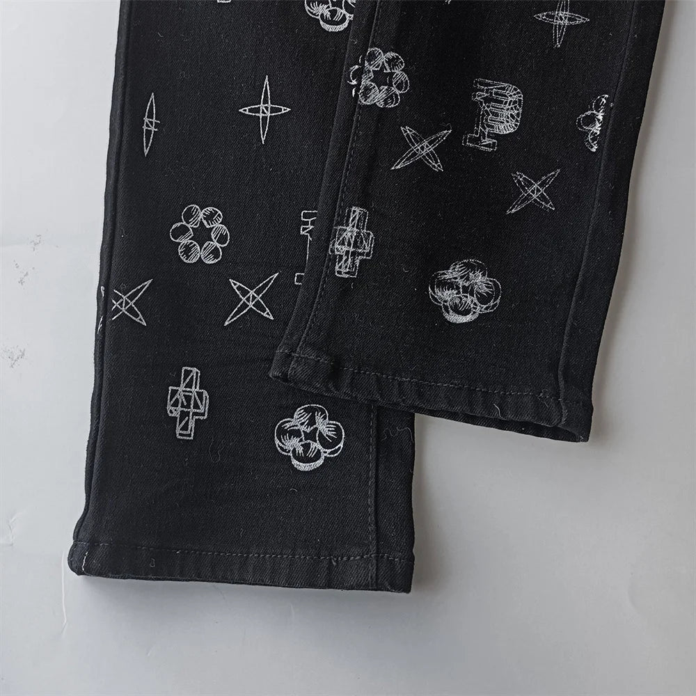BOGGO Men Jeans Fashion Americans High street Retro wash black Splashing ink graffiti print Low Rise Elastic Skinny Jeans Brand pants