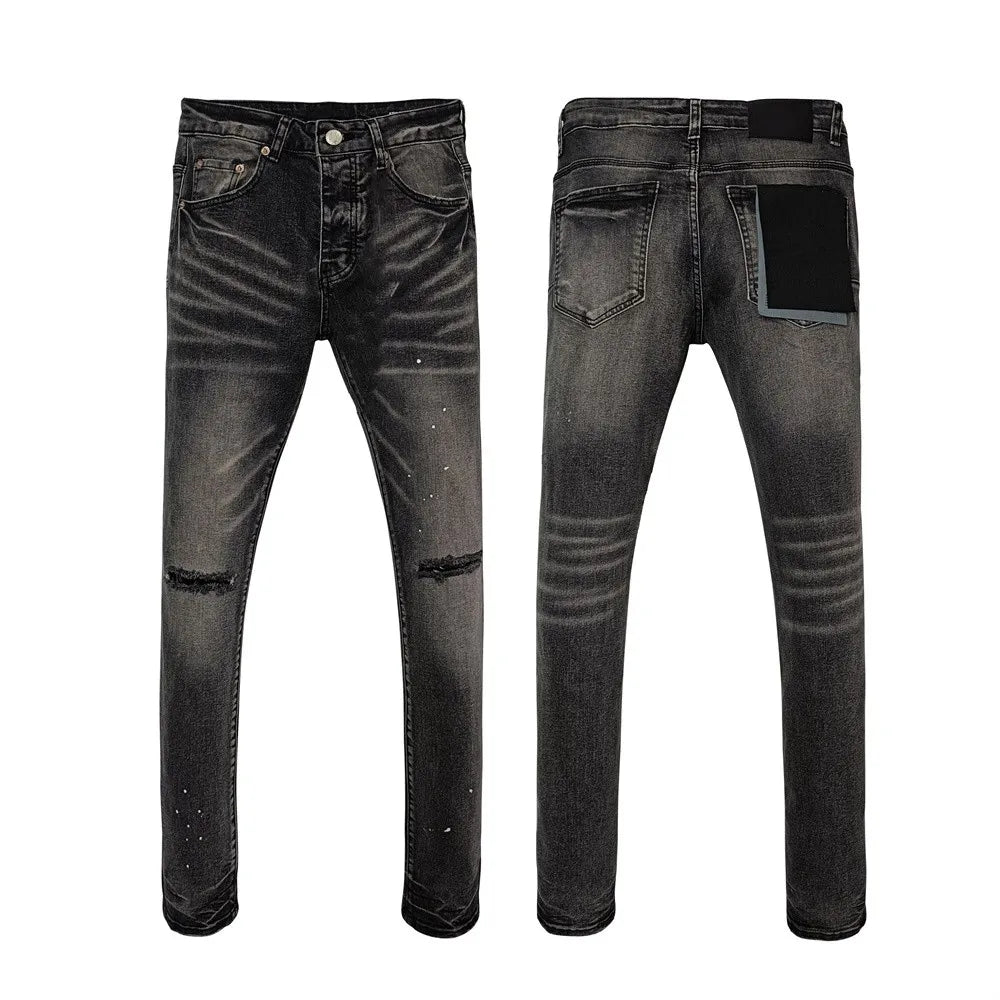 BOGGO Men Jeans Fashion Americans High street Retro wash black Splashing ink graffiti print Low Rise Elastic Skinny Jeans Brand pants