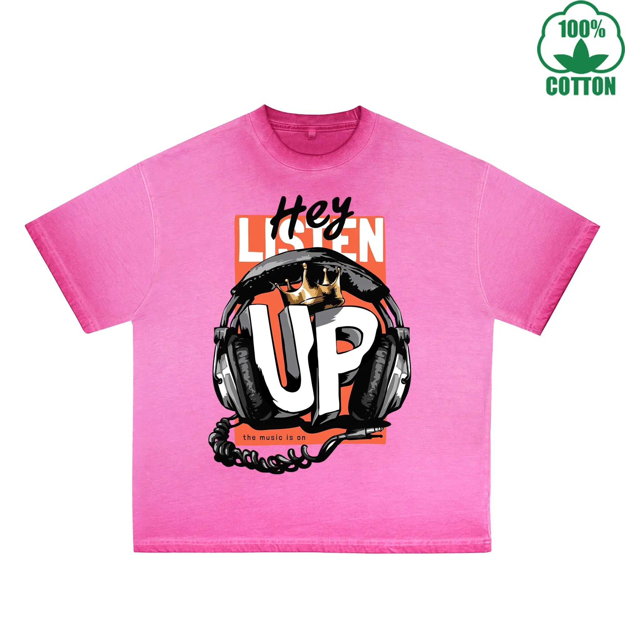 BOGGO  Hey Listen UP Printed Dirty WashT-Shirt 230G Multicolor Loose Trendy Fashionable 100%Cotton Short Sleeve Top
