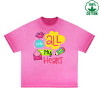 BOGGO  With All My Heart Printed Dirty WashT-Shirt 230G Multicolor Loose Trendy Fashionable 100%Cotton Short Sleeve Top