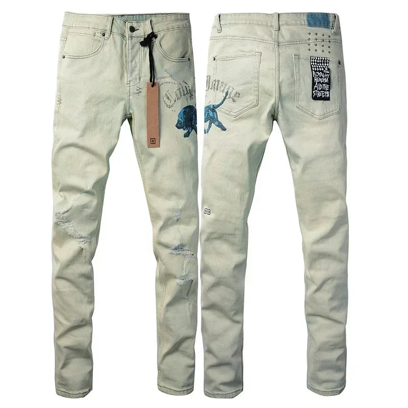 New KSUBI Jeans Men Paint Hole Trendy American High Street  Trend Low Rise Stretch Skinny Pleated Ripped Jeans