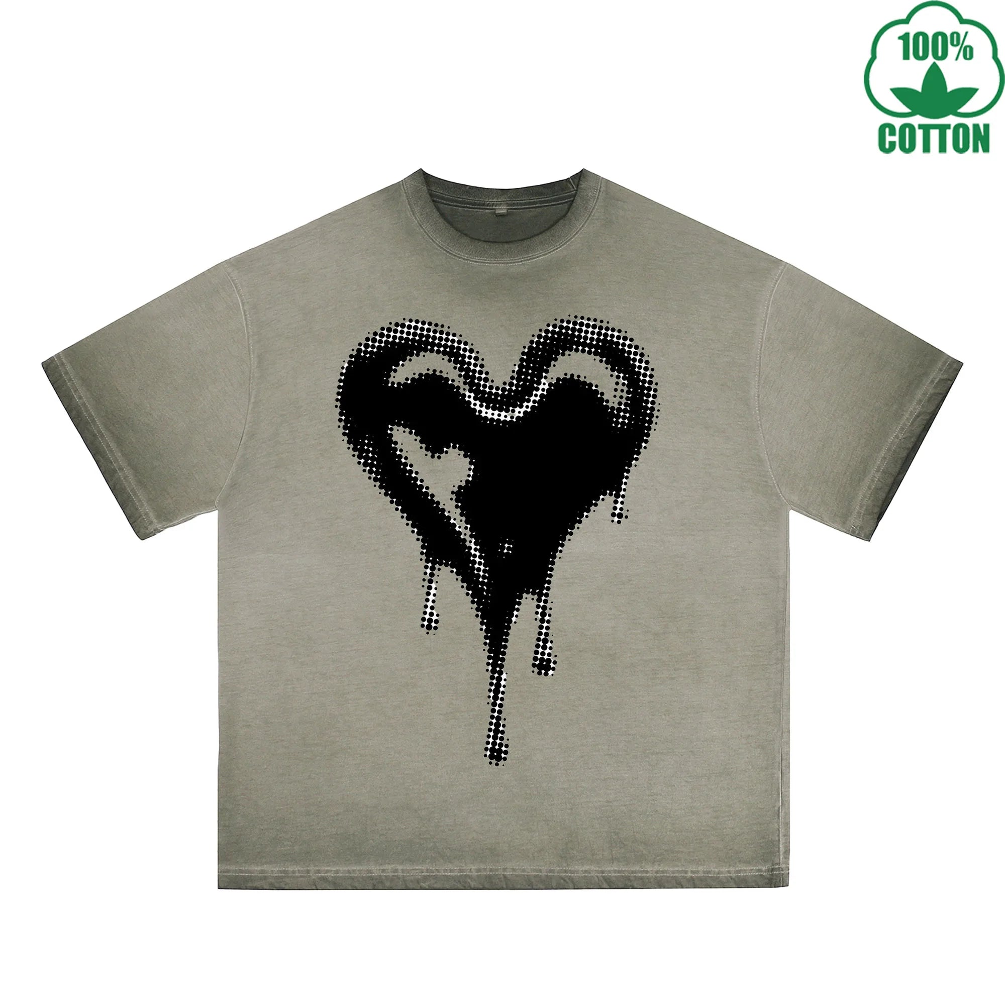 BOGGO  Melted Heart Printed Dirty WashT-Shirt 230G Multicolor Loose Trendy Short Sleeves Fashionable 100%Cotton Top