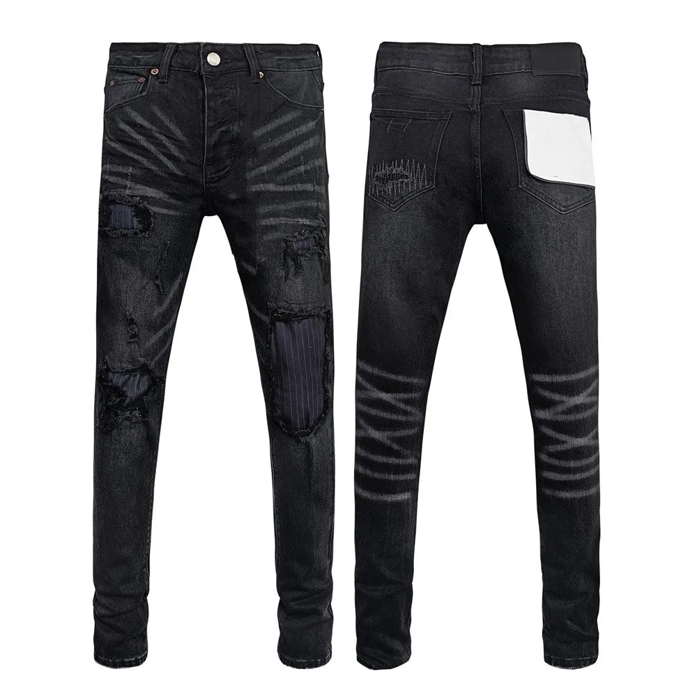 BOGGO Men Jeans Fashion Americans High street Retro wash black Splashing ink graffiti print Low Rise Elastic Skinny Jeans Brand pants