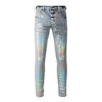 BOGGO High Street Men's Jeans American Distressed Dark Black Coated Blank Stretch Skinny Button Fly Ripped Pants Trousers