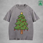BOGGO  Christmas Tree Interest Printed Washed T-Shirt 230G Multicolor Loose Trendy Fashionable 100%Cotton Short Sleeve Top
