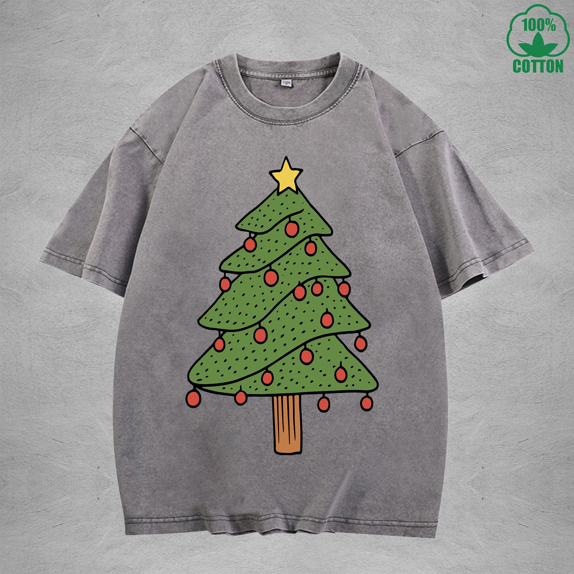 BOGGO  Christmas Tree Interest Printed Washed T-Shirt 230G Multicolor Loose Trendy Fashionable 100%Cotton Short Sleeve Top