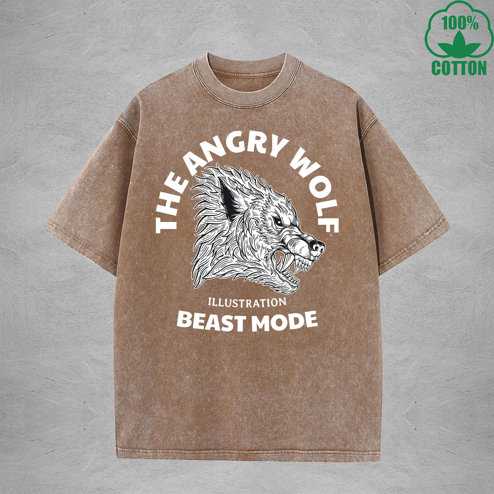 BOGGO  The Angry WolfInterest Printed Washed T-Shirt 230G Multicolor Loose Trendy Fashionable 100%Cotton Short Sleeve Top