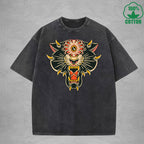 BOGGO  One Eyed TigerInterest Printed Washed T-Shirt 230G Multicolor Loose Trendy Fashionable 100%Cotton Short Sleeve Top