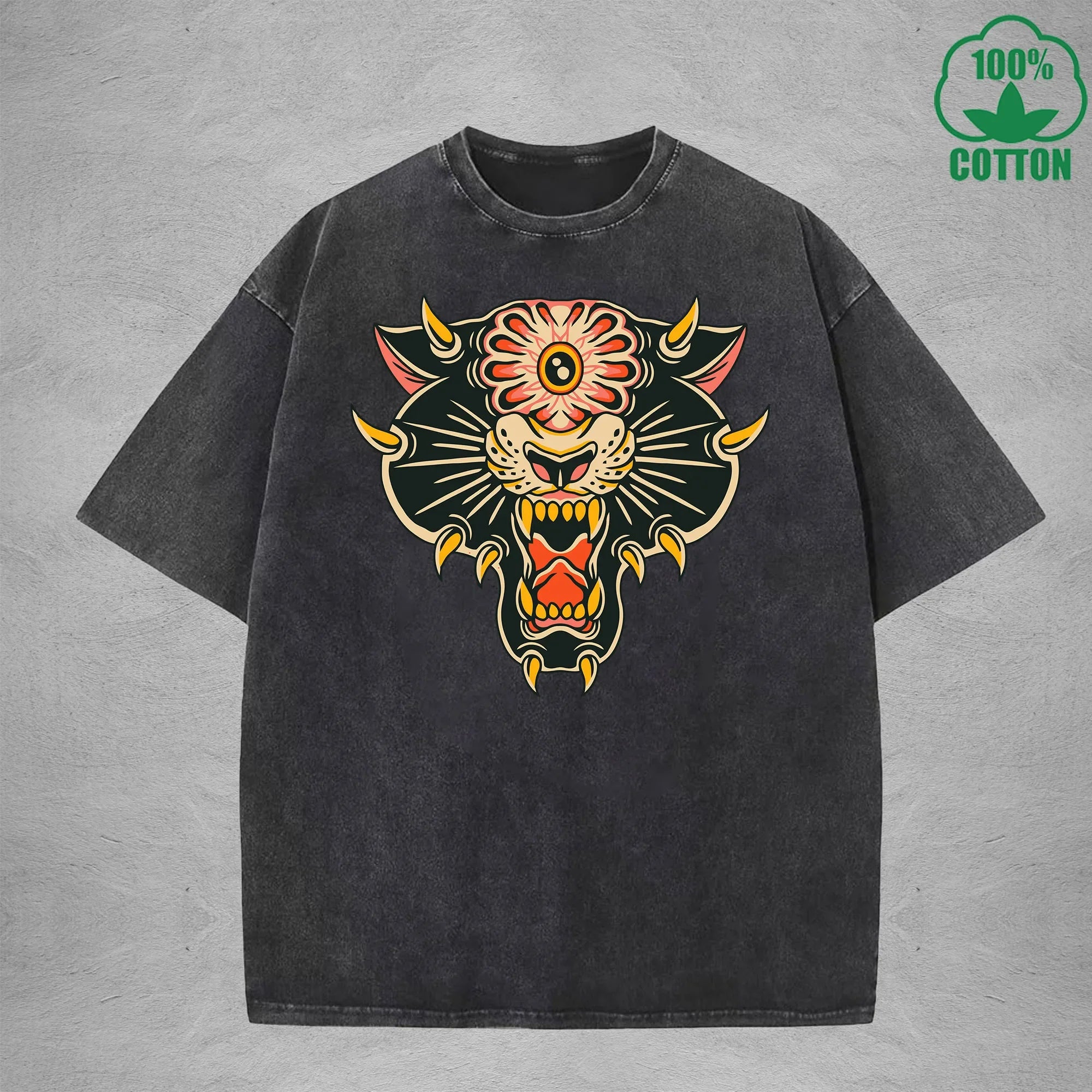 BOGGO  One Eyed TigerInterest Printed Washed T-Shirt 230G Multicolor Loose Trendy Fashionable 100%Cotton Short Sleeve Top
