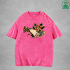 BOGGO  Thorny RoseInterest Printed Washed T-Shirt 230G Multicolor Loose Trendy Fashionable 100%Cotton Short Sleeve Top